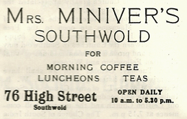 1960 advert for Mrs Miniver's Restaurant