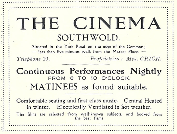 advertisement for Southwold Cinema 1922